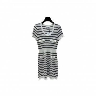 CHANEL WHITE STRIPED KNIT DRESS